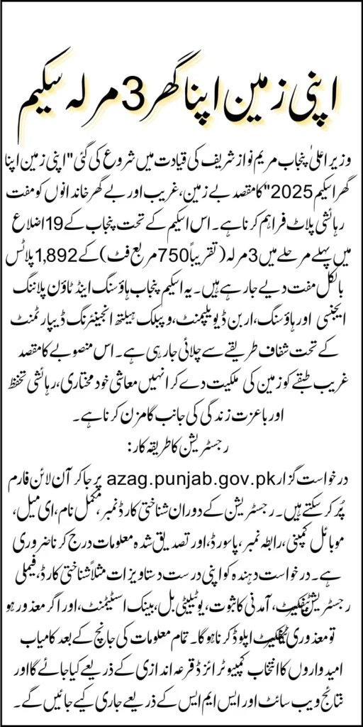 Apni Zameen Apna Ghar Scheme 2025 Online Apply For 3 Marla Plot With 0% Payment